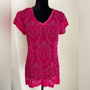 EUC Johnny Was Pink Fuchsia Eyelet and Embroidery Tunic Top